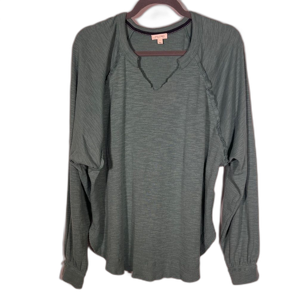 PILCRO ANTHROPOLOGIE RUFFLED RAGLAN BLOUSE GREEN LARGE - Picture 2 of 6